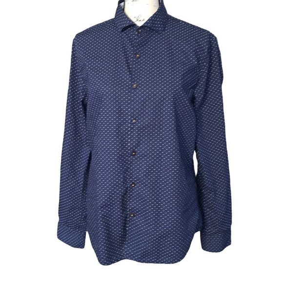 DENIM & FLOWER Ricky Singh navy button down blouse slim fit large - Picture 1 of 9